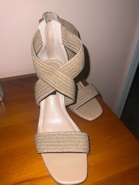 Steve Madden Beige Woven Crisscross Block Heel Sandals